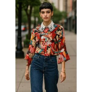 Qing Pinz Geisha Girl Art To Wear Btn Down Blouse Avant-garde Eye Collar Sz LG